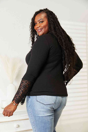 Double Take Crochet Lace Hem Sleeve Button Top-Teresa's Fashionista LLC