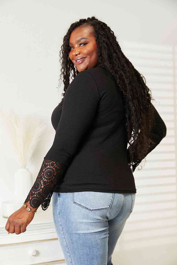 Double Take Crochet Lace Hem Sleeve Button Top-Teresa's Fashionista LLC