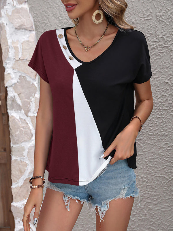 Color Block Decorative Button V-Neck Tee-Teresa's Fashionista LLC