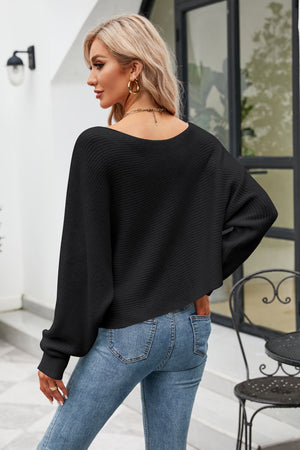 Boat Neck Horizontal Ribbing Dolman Sleeve Sweater-Teresa's Fashionista LLC