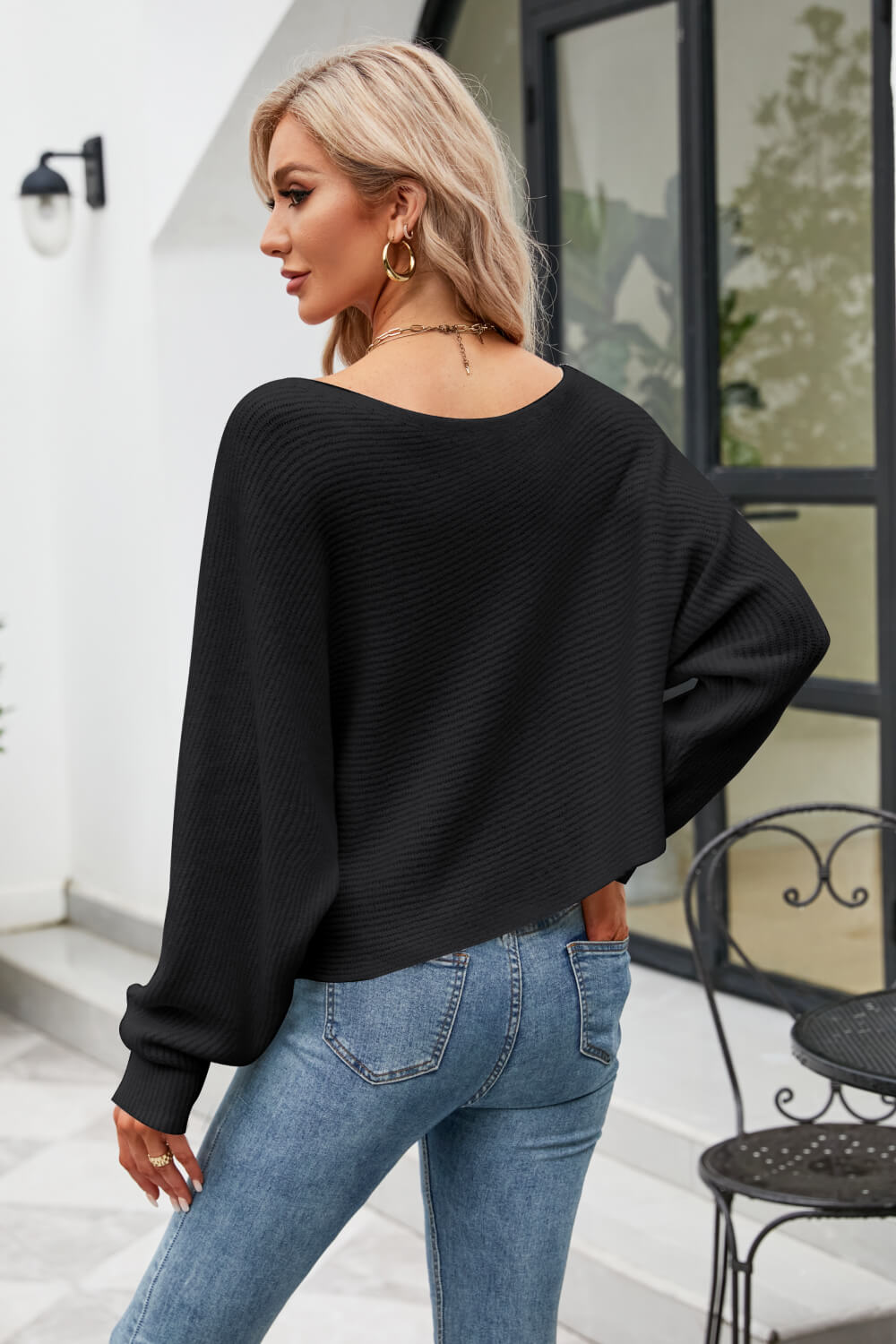 Boat Neck Horizontal Ribbing Dolman Sleeve Sweater-Teresa&#39;s Fashionista LLC