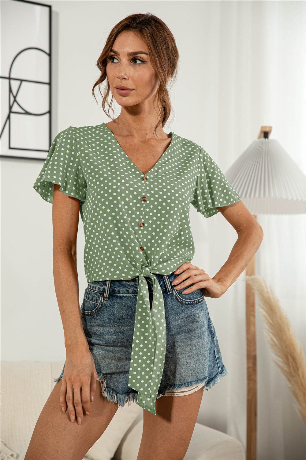 Decorative Button V-Neck Tied Blouse-Teresa&#39;s Fashionista LLC