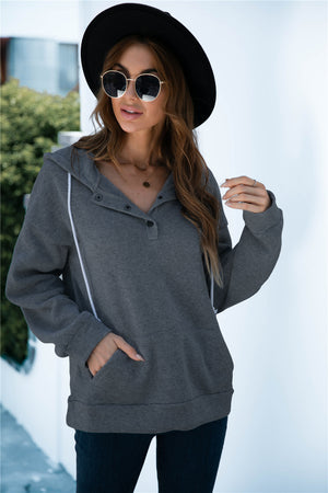 Quarter Snap Drawstring Hoodie with Kangaroo Pocket-Teresa's Fashionista LLC