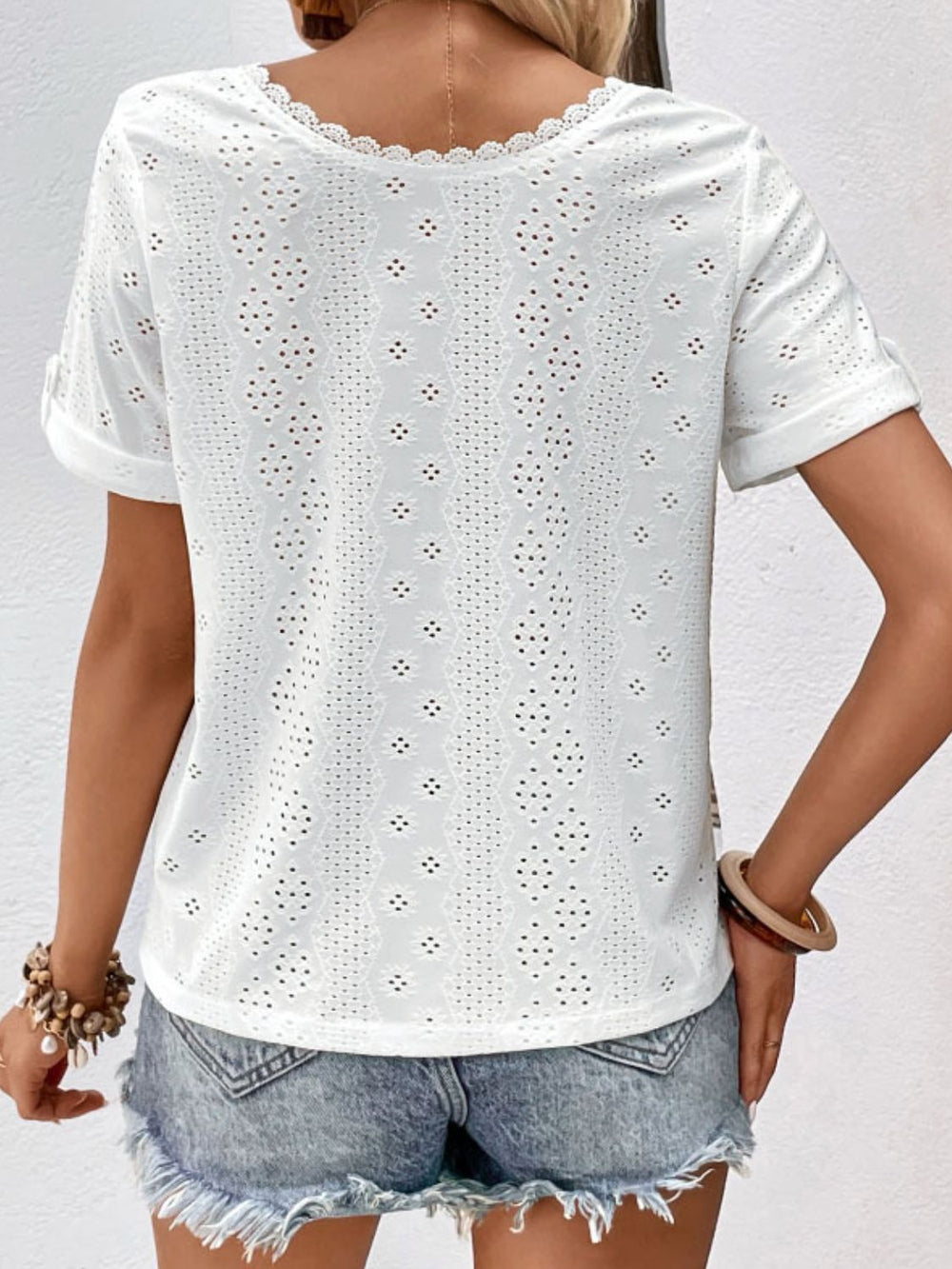 Eyelet Short Sleeve Double-Sided Shirt-Teresa's Fashionista LLC