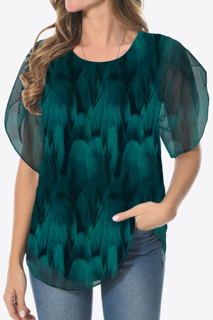 Printed Round Neck Curved Hem Blouse-Teresa's Fashionista LLC