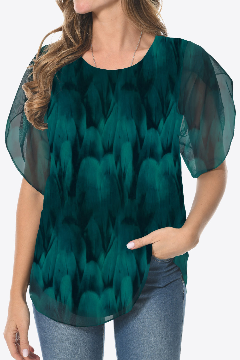 Printed Round Neck Curved Hem Blouse-Teresa&#39;s Fashionista LLC