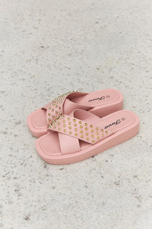 Forever Link Studded Cross Strap Sandals in Blush-Teresa's Fashionista LLC