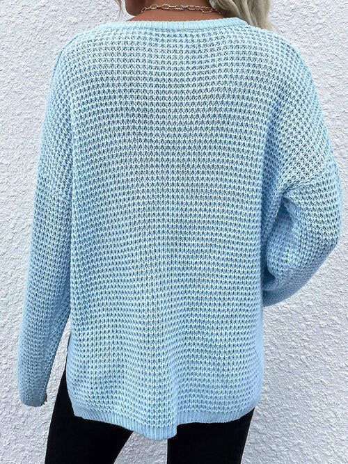 Notched Long Sleeve Sweater-Teresa&#39;s Fashionista LLC