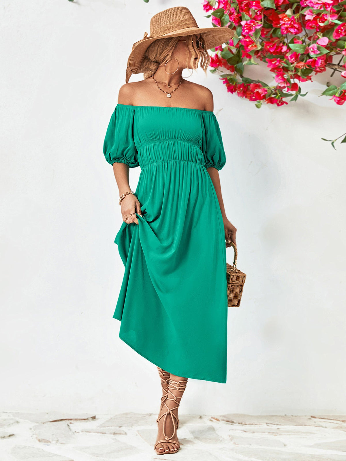Off-Shoulder Balloon Sleeve Midi Dress in solid green with A-line hem and puff sleeves.