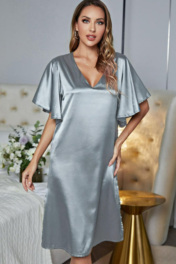 Satin Flutter Sleeve Side Slit V-Neck Night Dress-Teresa's Fashionista LLC
