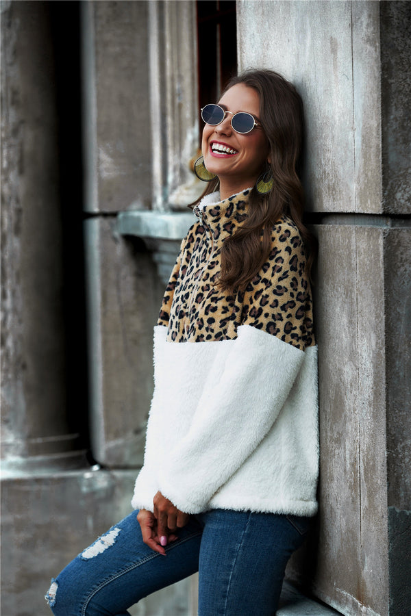 Leopard Color Block Half-Zip Collar Teddy Sweatshirt-Teresa's Fashionista LLC