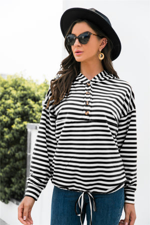 Striped Half-Button Dropped Shoulder Hoodie-Teresa's Fashionista LLC