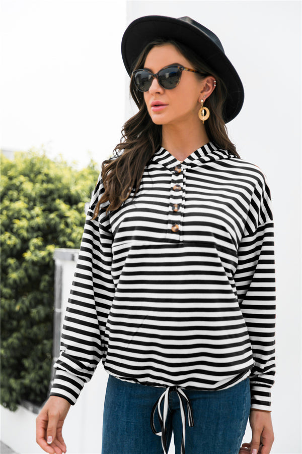 Striped Half-Button Dropped Shoulder Hoodie-Teresa's Fashionista LLC