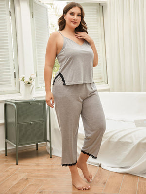 Plus Size Lace Trim Slit Cami and Pants Pajama Set-Teresa's Fashionista LLC
