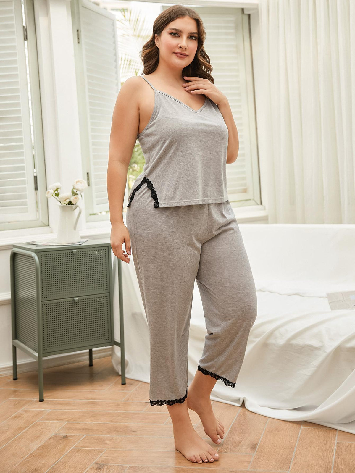 Plus Size Lace Trim Slit Cami and Pants Pajama Set-Teresa&#39;s Fashionista LLC