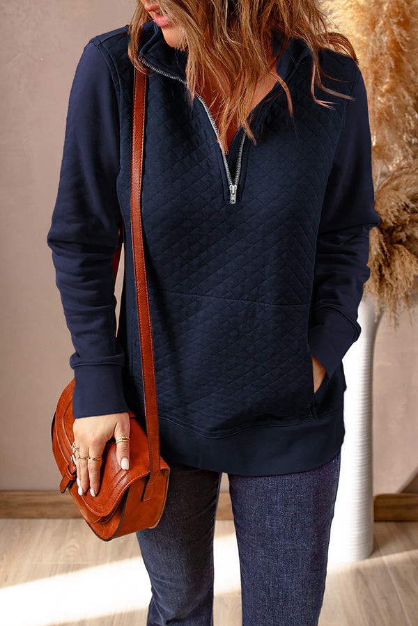 Quarter-Zip Quilted Sweatshirt with Kangaroo Pocket-Teresa's Fashionista LLC