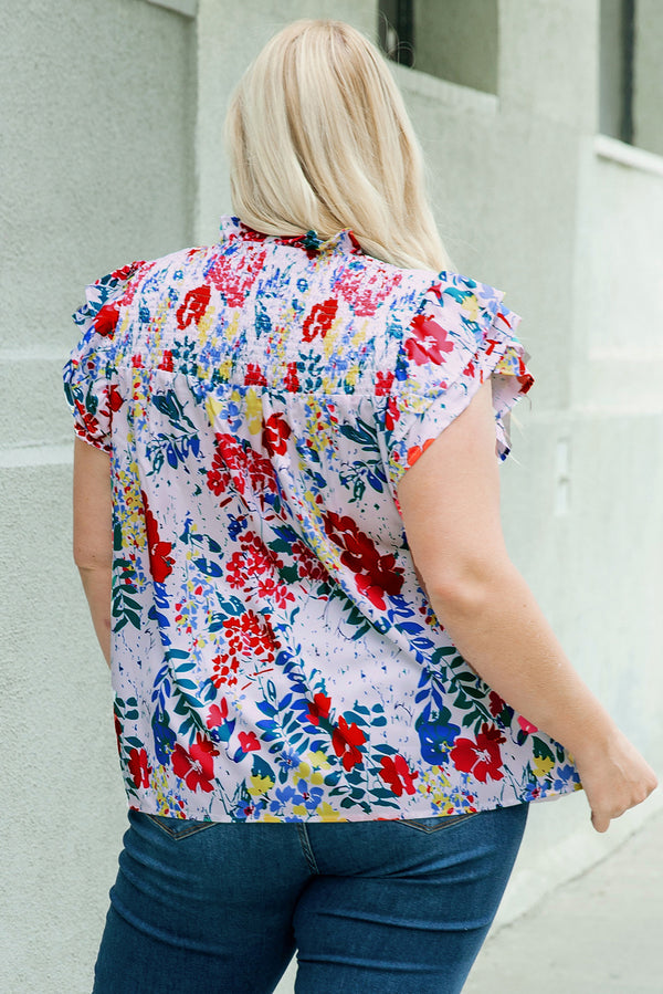 Plus Size Floral Smocked Flutter Sleeve Blouse-Teresa's Fashionista LLC