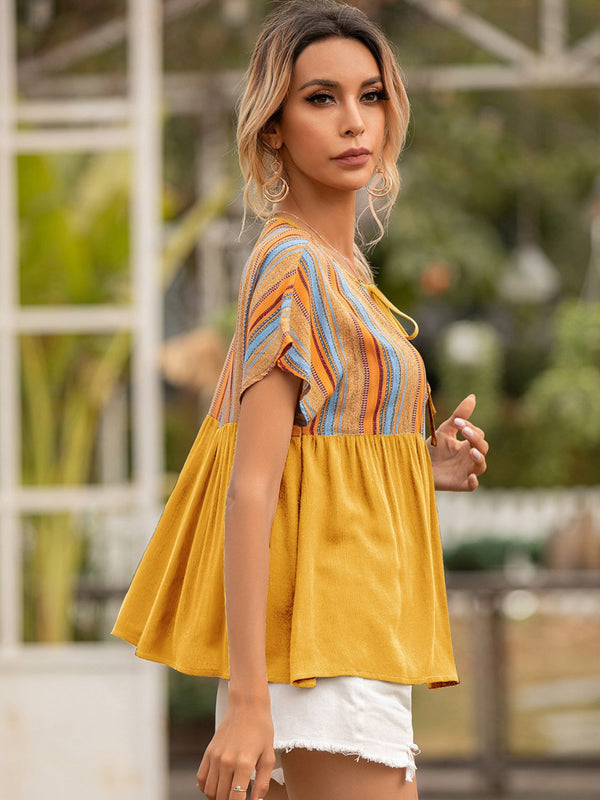 Striped Tie Neck Short Sleeve Blouse-Teresa's Fashionista LLC
