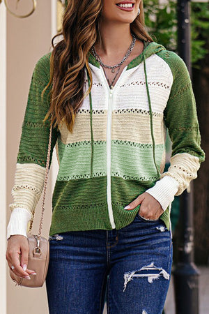 Zip-Up Raglan Sleeve Openwork Hooded Cardigan-Teresa's Fashionista LLC