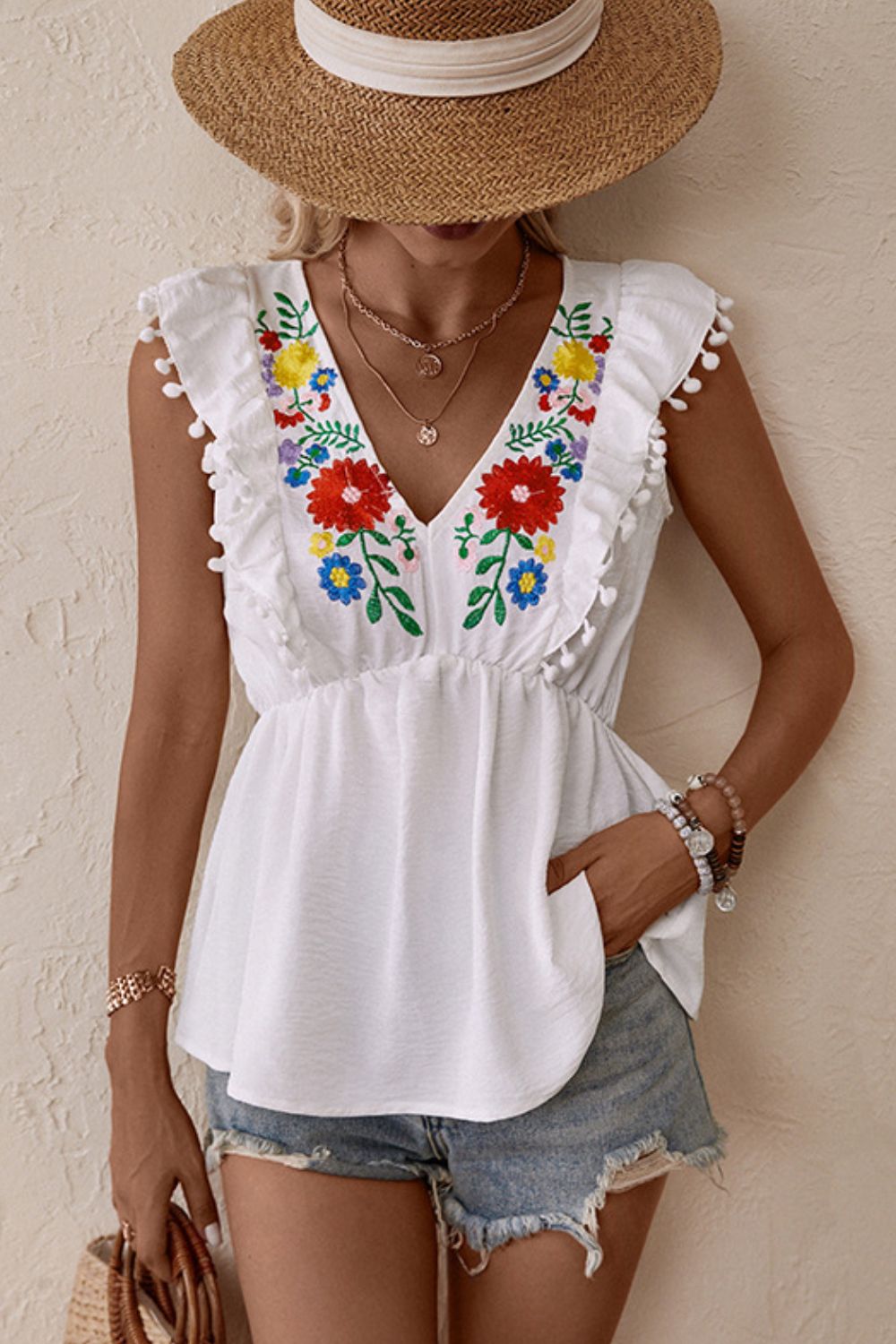 Embroidered Pom-Pom Trim Cap Sleeve Babydoll Top-Teresa&#39;s Fashionista LLC