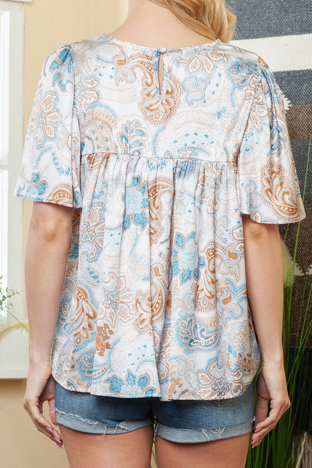 Printed Round Neck Short Sleeve Blouse-Teresa&#39;s Fashionista LLC