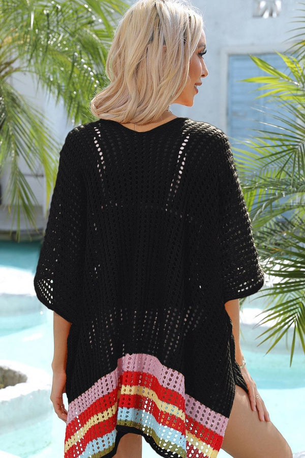 Rainbow Stripe Openwork Slit Cover-Up-Teresa's Fashionista LLC