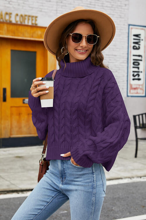 Turtleneck Cable-Knit Long Sleeve Sweater-Teresa's Fashionista LLC