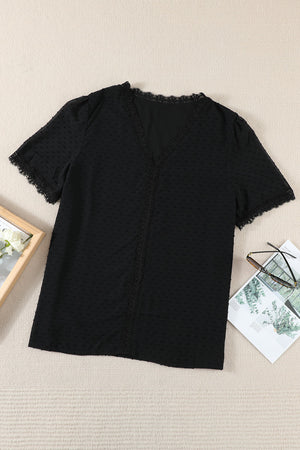 Plus Size Swiss Dot Spliced Lace V-Neck Blouse-Teresa's Fashionista LLC