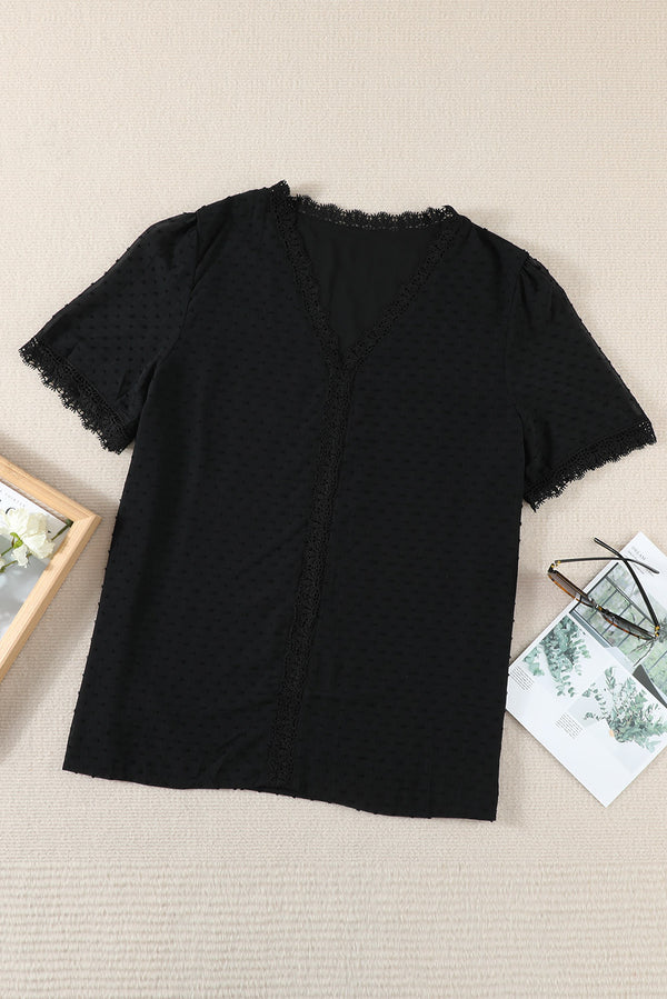 Plus Size Swiss Dot Spliced Lace V-Neck Blouse-Teresa's Fashionista LLC