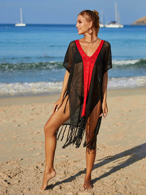 Contrast Fringe Trim Openwork Cover-Up Dress-Teresa's Fashionista LLC