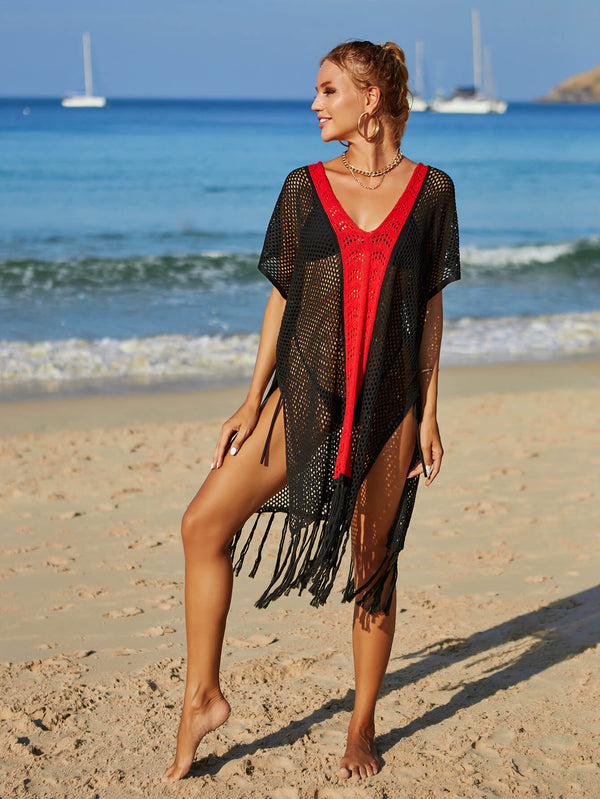 Contrast Fringe Trim Openwork Cover-Up Dress-Teresa's Fashionista LLC