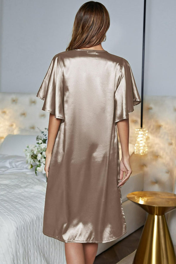 Satin Flutter Sleeve Side Slit V-Neck Night Dress-Teresa's Fashionista LLC