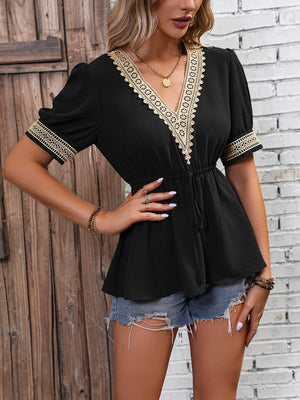 Contrast V-Neck Babydoll Top-Teresa's Fashionista LLC