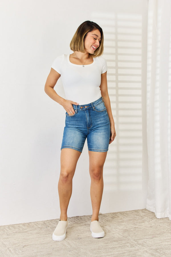 Judy Blue Full Size Tummy Control Double Button Bermuda Denim Shorts-Teresa's Fashionista LLC