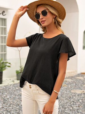 Round Neck Cutout Tie Back Top-Teresa's Fashionista LLC