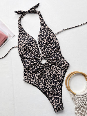 Leopard Halter Neck Ring Detail One-Piece Swimsuit-Teresa's Fashionista LLC