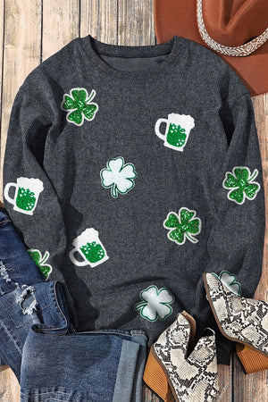 Lucky Clover Beer Sequin Round Neck Sweatshirt-Teresa's Fashionista LLC