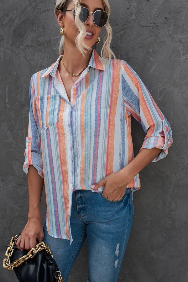 Striped Button-Up Curved Hem Shirt with Breast Pocket-Teresa's Fashionista LLC
