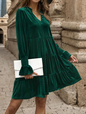 Notched Long Sleeve Tiered Dress-Teresa's Fashionista LLC