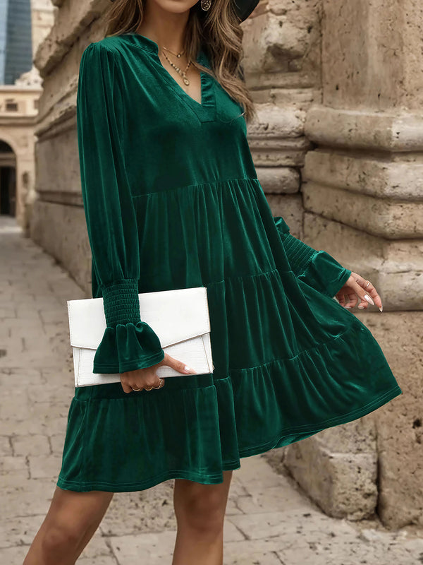 Notched Long Sleeve Tiered Dress-Teresa's Fashionista LLC