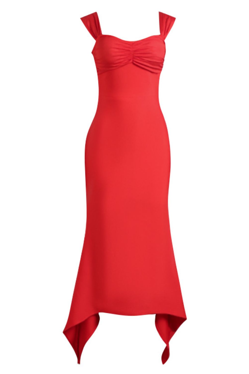 Ruched sweetheart neck midi dress in solid red with hem detail, sleeveless and classy style.