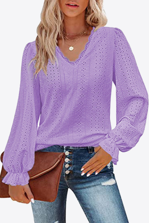 Eyelet V-Neck Flounce Sleeve Blouse-Teresa's Fashionista LLC