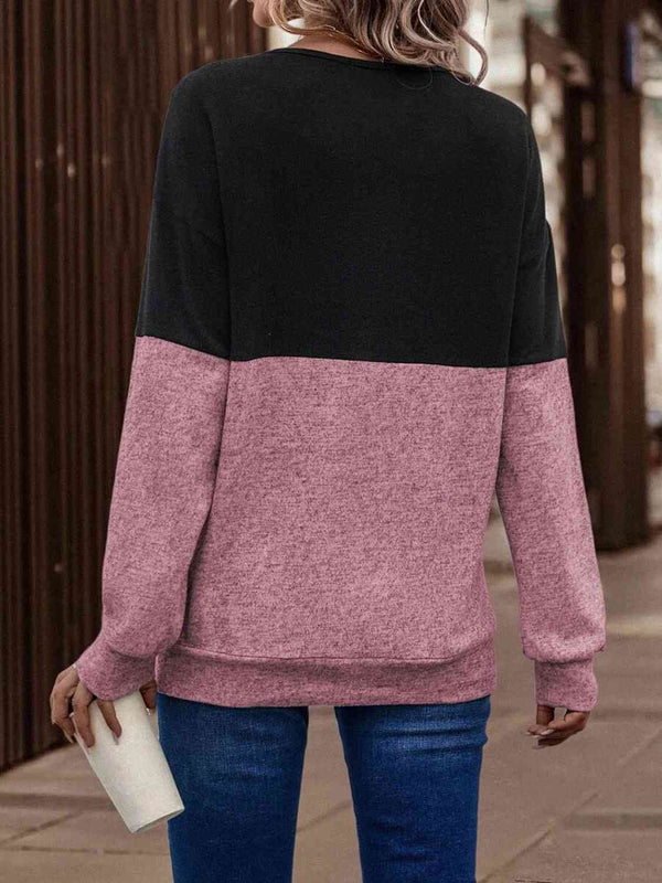Two-Tone Crisscross Detail Sweatshirt-Teresa's Fashionista LLC