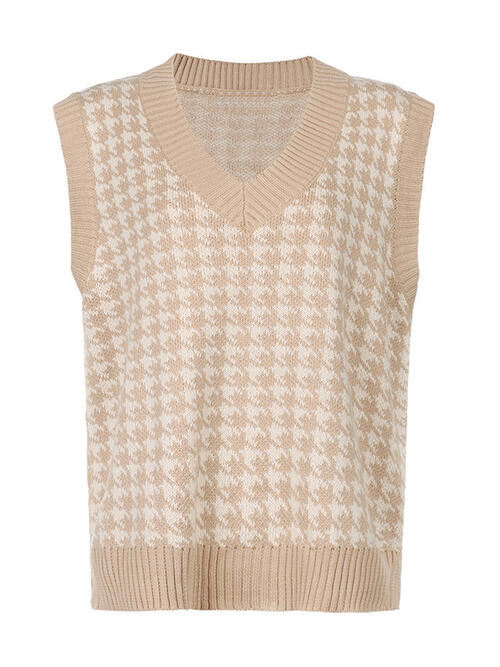 Houndstooth V-Neck Sweater Vet-Teresa&#39;s Fashionista LLC