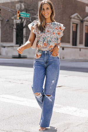 Printed Butterfly Sleeve Round Neck Blouse-Teresa's Fashionista LLC