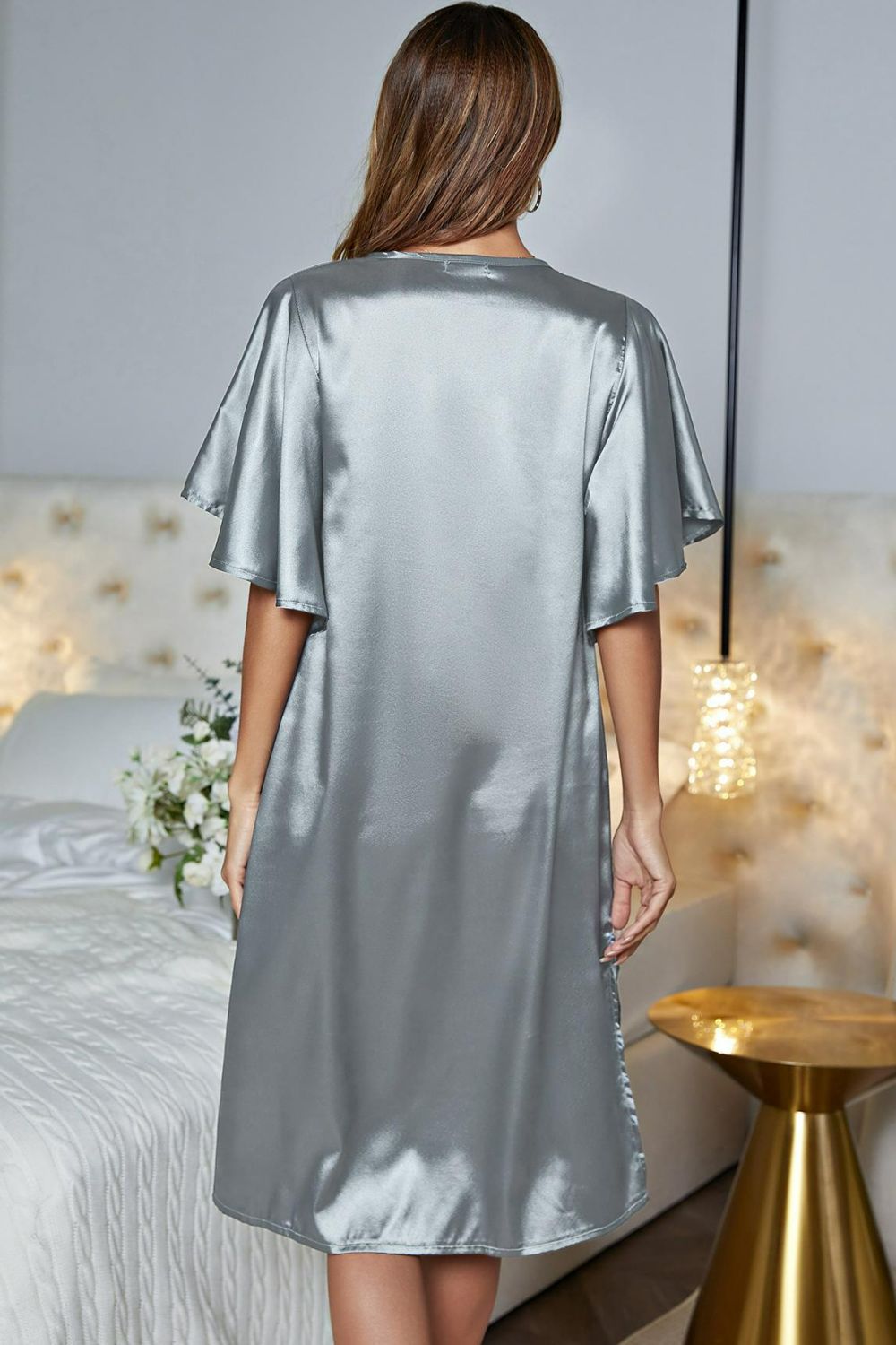 Satin Flutter Sleeve Side Slit V-Neck Night Dress-Teresa&#39;s Fashionista LLC