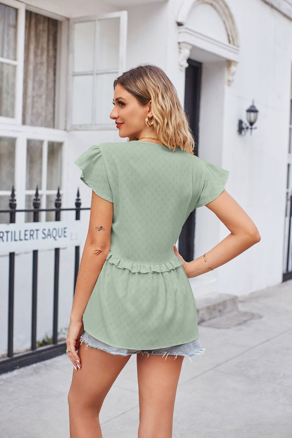 Buttoned V-Neck Ruffle Trim Top-Teresa's Fashionista LLC