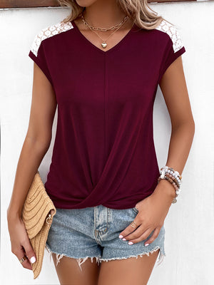 Spliced Lace V-Neck Twisted Hem Tee-Teresa's Fashionista LLC