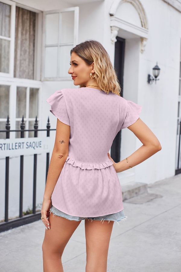 Buttoned V-Neck Ruffle Trim Top-Teresa's Fashionista LLC