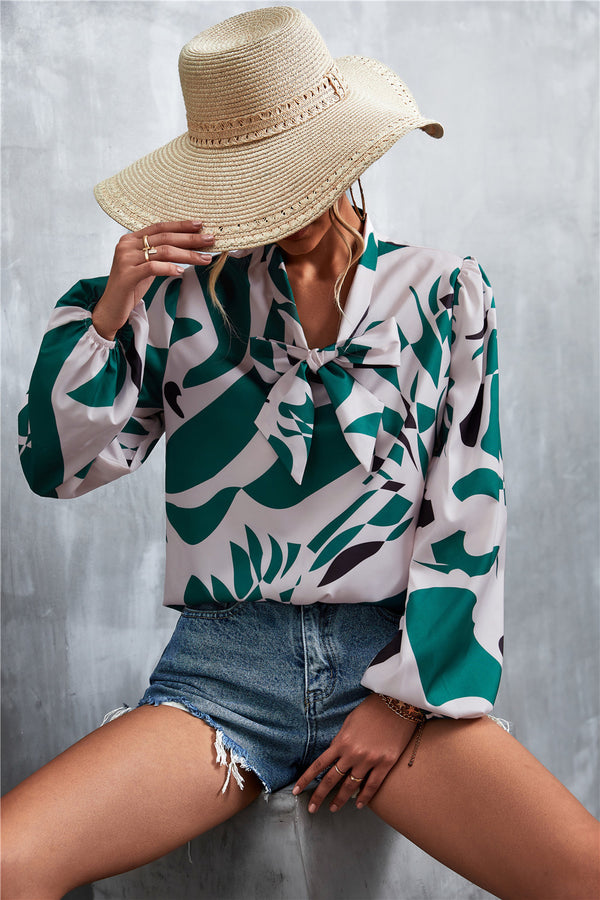 Printed Tie Neck Puff Sleeve Blouse-Teresa's Fashionista LLC